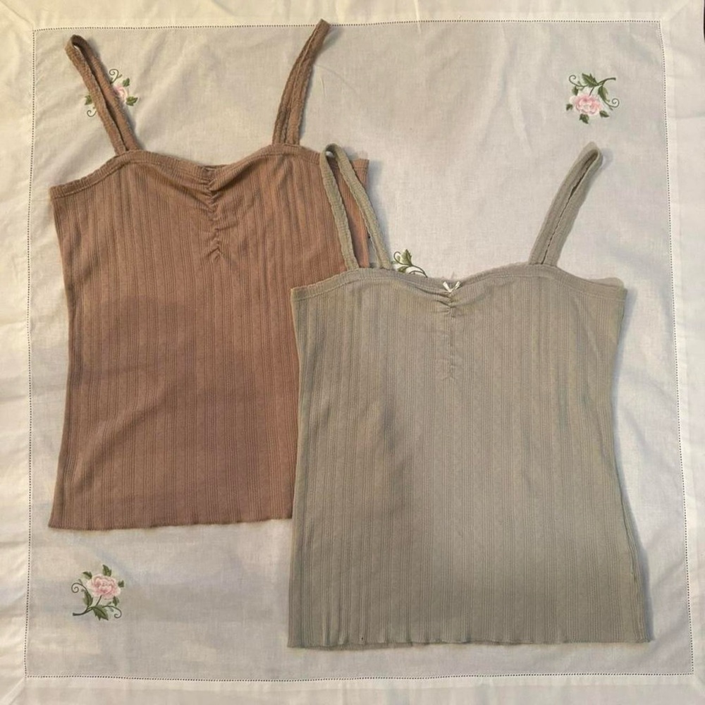 2 DÔEN pointelle cotton tank tops - pink (mauve) and blue - Size L